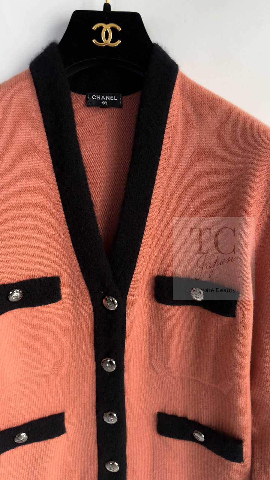 CHANEL 21B Beige Orange Black Cashmere Knit Jacket Cardigan 40 42 シャネル ベージュ オレンジ ブラック バイカラー カシミア ニット ジャケット カーディガン 即発