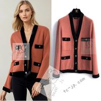 CHANEL 21B Beige Orange Black Cashmere Knit Jacket Cardigan 40 42 シャネル ベージュ オレンジ ブラック バイカラー カシミア ニット ジャケット カーディガン 即発