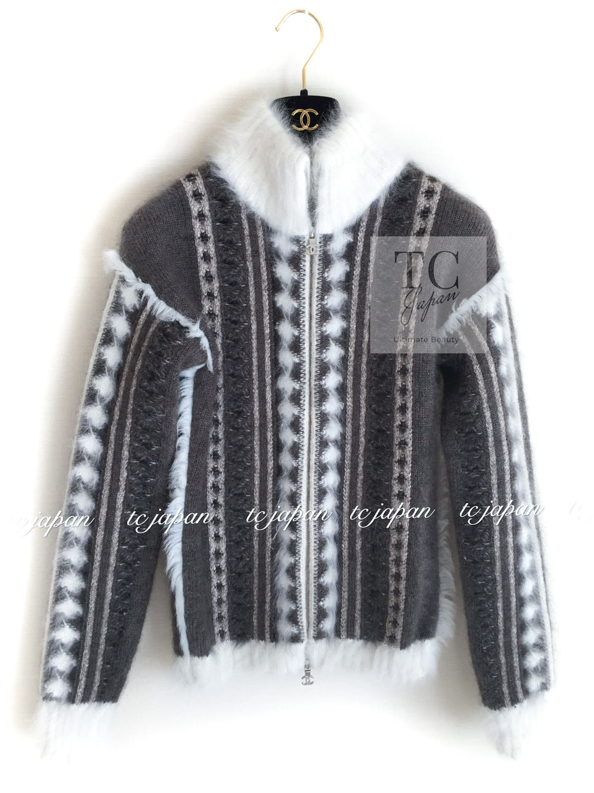 CHANEL 10A Brown Gray Angora Mohair Zipper Jacket Cardigan 42 シャネル ブラウン グレー アンゴラ モヘア ジッパー ジャケット カーディガン 即発