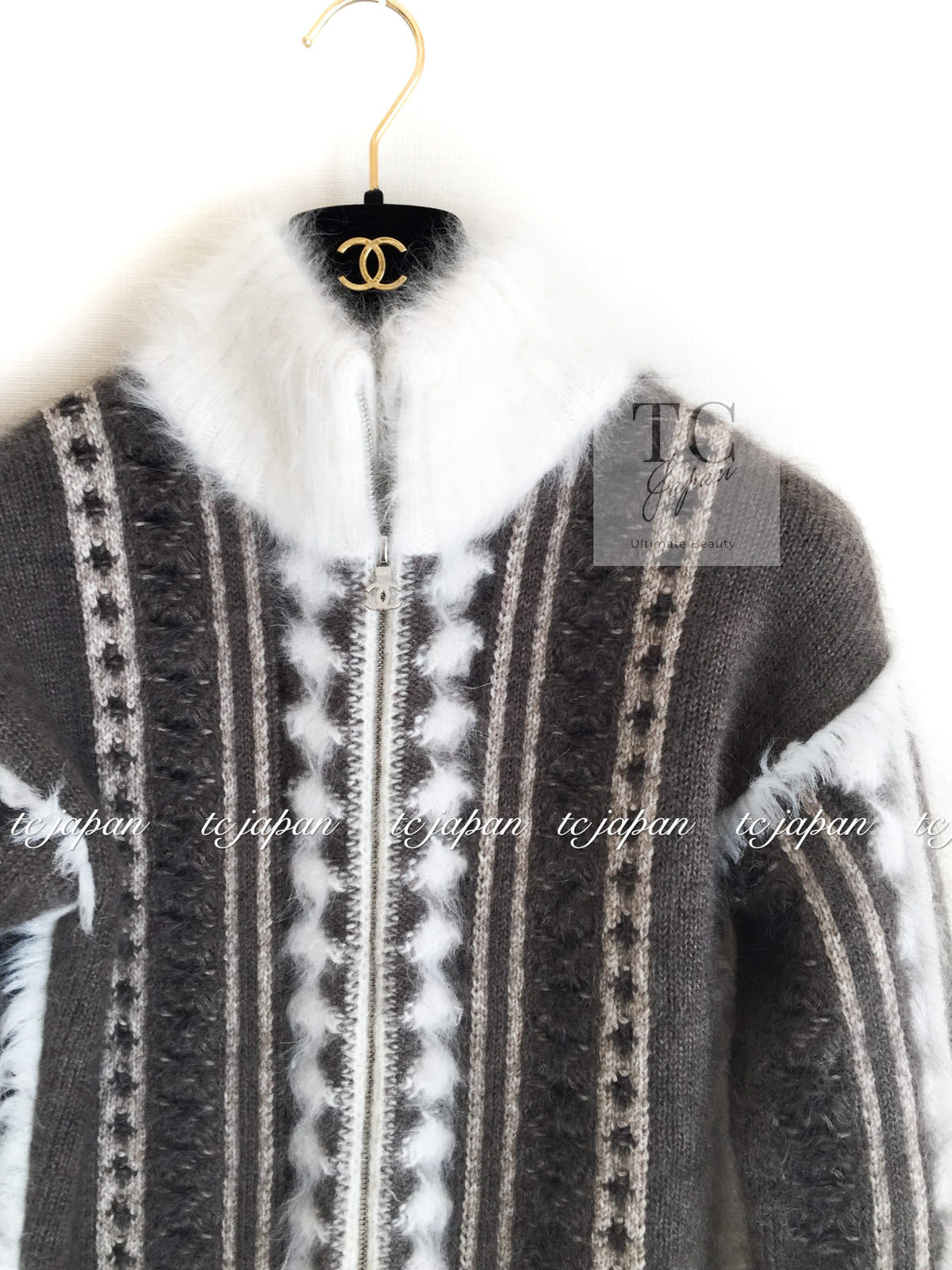 CHANEL 10A Brown Gray Angora Mohair Zipper Jacket Cardigan 42 シャネル ブラウン グレー アンゴラ モヘア ジッパー ジャケット カーディガン 即発