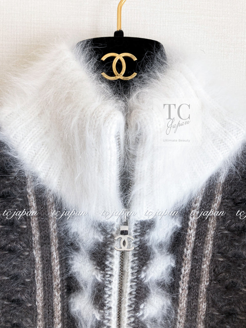 CHANEL 10A Brown Gray Angora Mohair Zipper Jacket Cardigan 42 シャネル ブラウン グレー アンゴラ モヘア ジッパー ジャケット カーディガン 即発