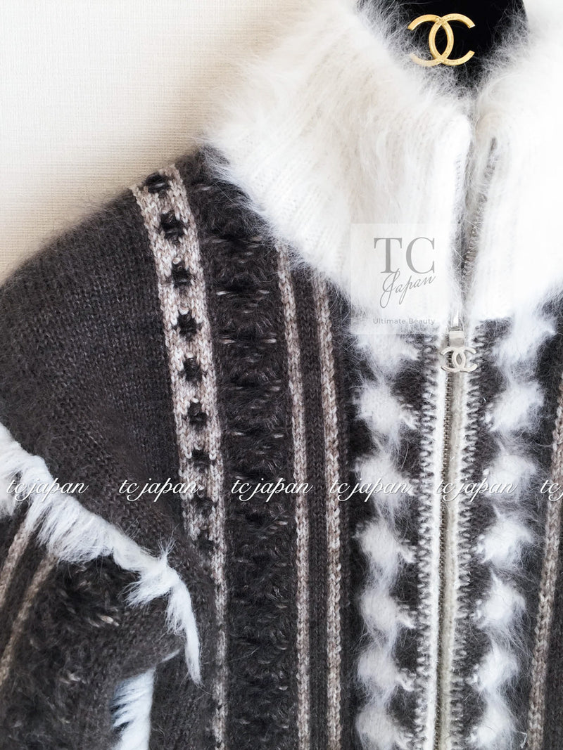 CHANEL 10A Brown Gray Angora Mohair Zipper Jacket Cardigan 42 シャネル ブラウン グレー アンゴラ モヘア ジッパー ジャケット カーディガン 即発