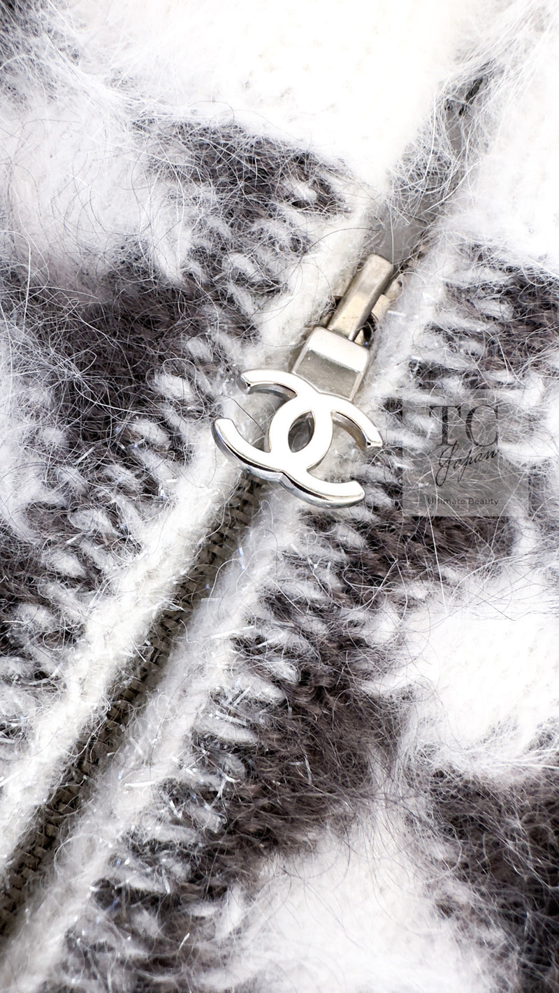 CHANEL 10A Brown Gray Angora Mohair Zipper Jacket Cardigan 42 シャネル ブラウン グレー アンゴラ モヘア ジッパー ジャケット カーディガン 即発