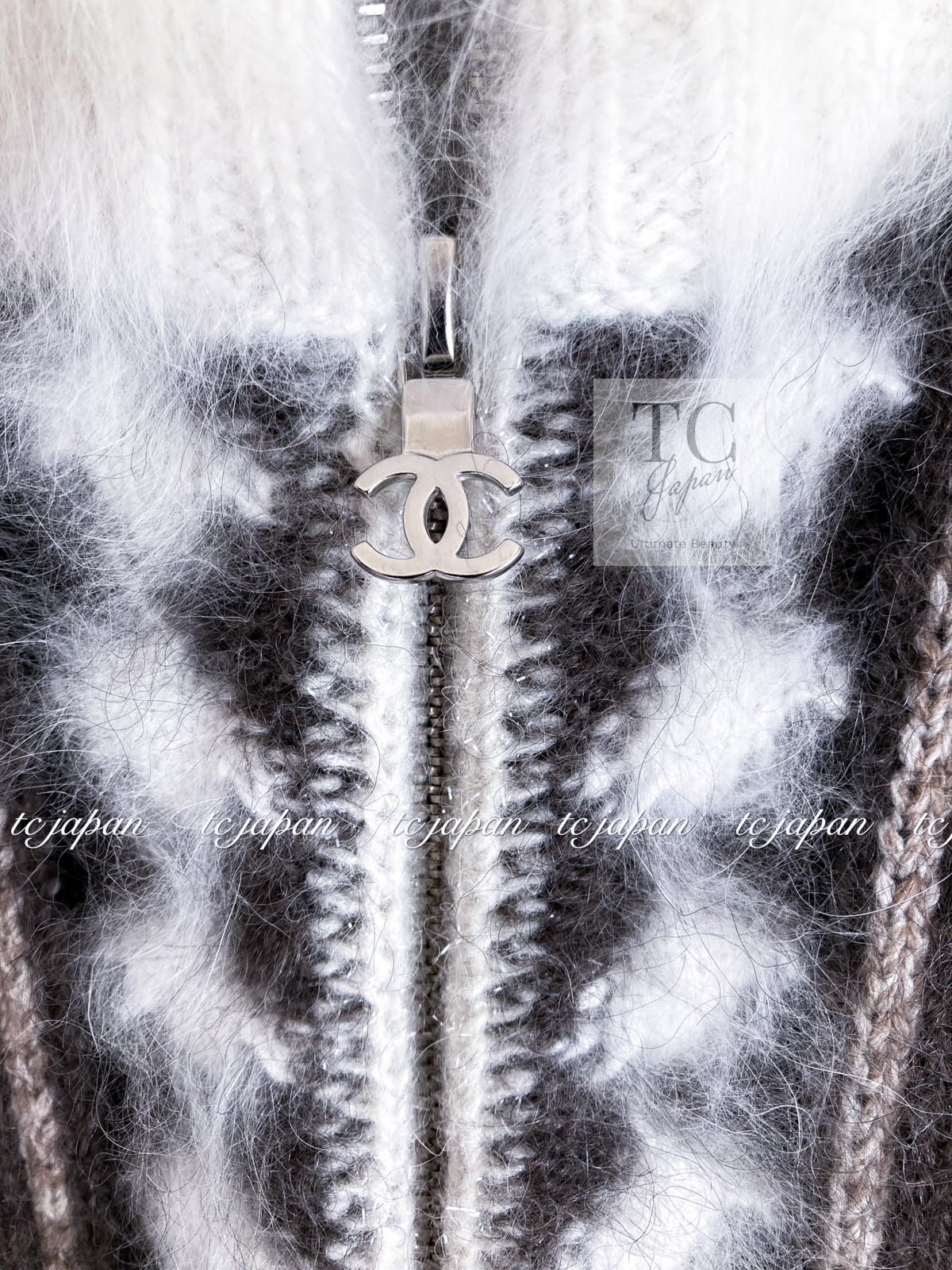 CHANEL 10A Brown Gray Angora Mohair Zipper Jacket Cardigan 42 シャネル ブラウン グレー アンゴラ モヘア ジッパー ジャケット カーディガン 即発