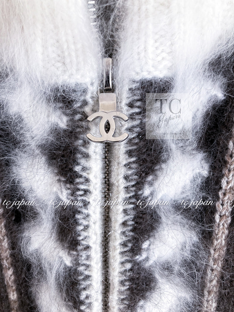 CHANEL 10A Brown Gray Angora Mohair Zipper Jacket Cardigan 42 シャネル ブラウン グレー アンゴラ モヘア ジッパー ジャケット カーディガン 即発