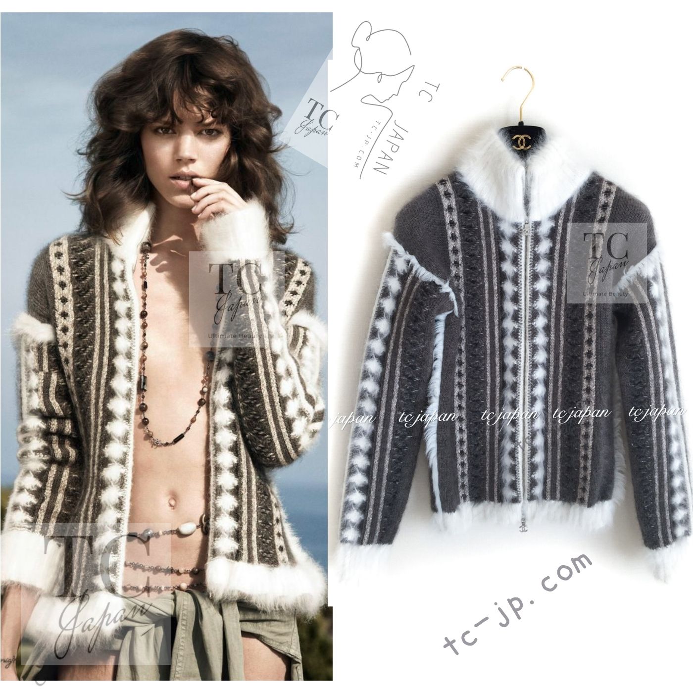 シャネル ジャケット カーディガン CHANEL ブラウン グレー アンゴラ