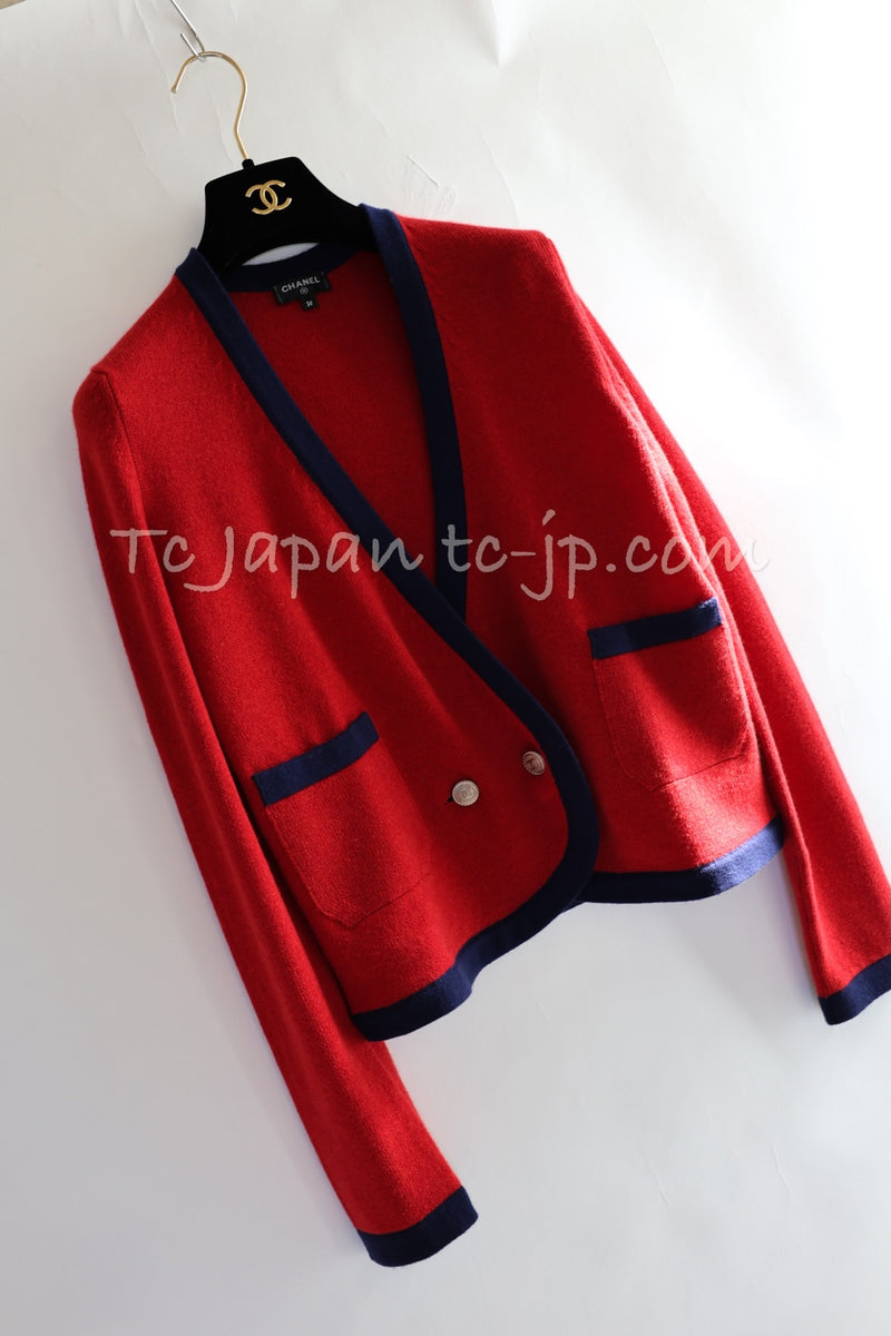 CHANEL 18PS Red Navy CC Logo Buttons Cashmere Knit Cardigan 38 シャネル レッド ネイビー CCロゴボタン カシミヤ100% ニット カーディガン 即発