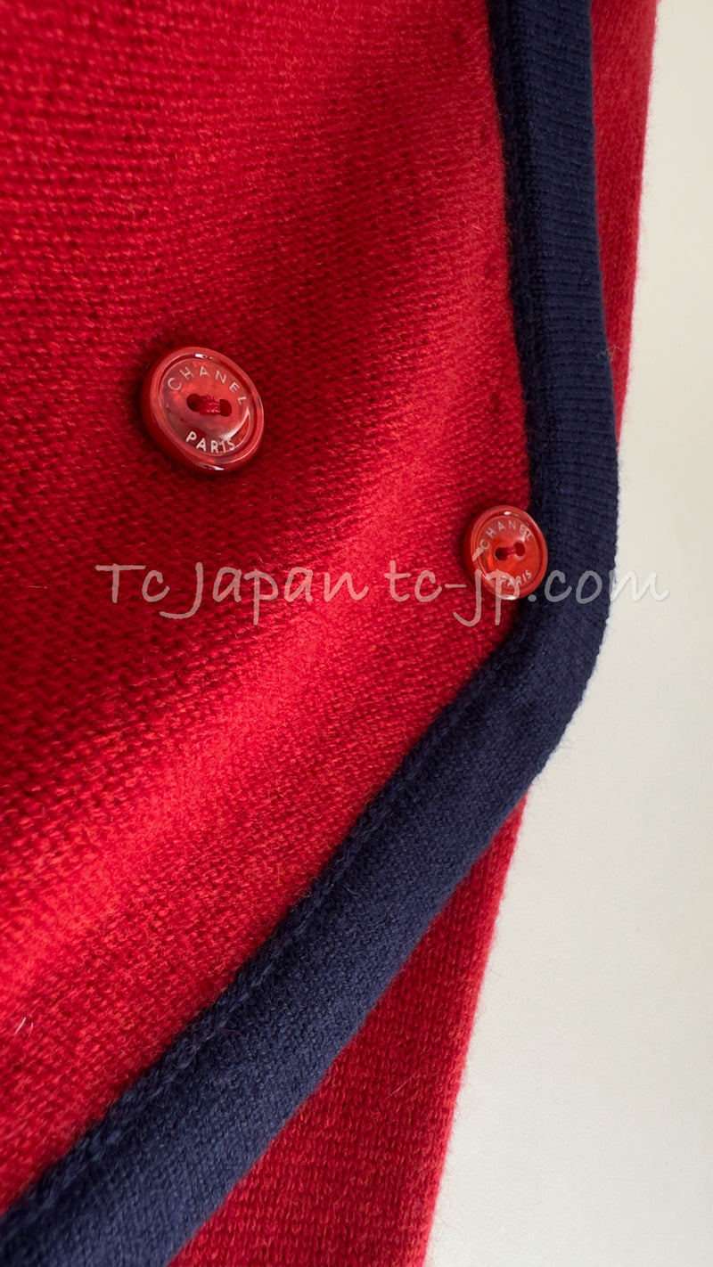 CHANEL 18PS Red Navy CC Logo Buttons Cashmere Knit Cardigan 38 シャネル レッド ネイビー CCロゴボタン カシミヤ100% ニット カーディガン 即発