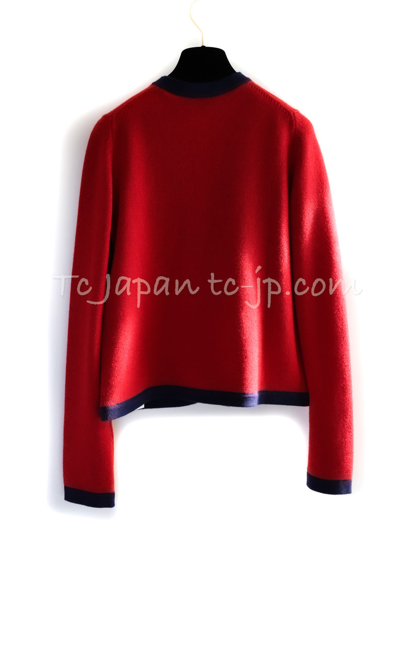 CHANEL 18PS Red Navy CC Logo Buttons Cashmere Knit Cardigan 38 シャネル レッド ネイビー CCロゴボタン カシミヤ100% ニット カーディガン 即発