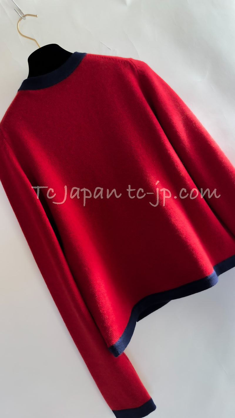 CHANEL 18PS Red Navy CC Logo Buttons Cashmere Knit Cardigan 38 シャネル レッド ネイビー CCロゴボタン カシミヤ100% ニット カーディガン 即発