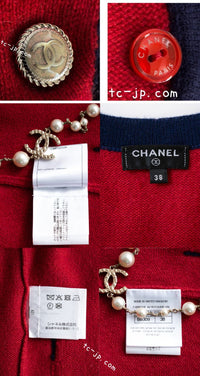 CHANEL 18PS Red Navy CC Logo Buttons Cashmere Knit Cardigan 38 シャネル レッド ネイビー CCロゴボタン カシミヤ100% ニット カーディガン 即発