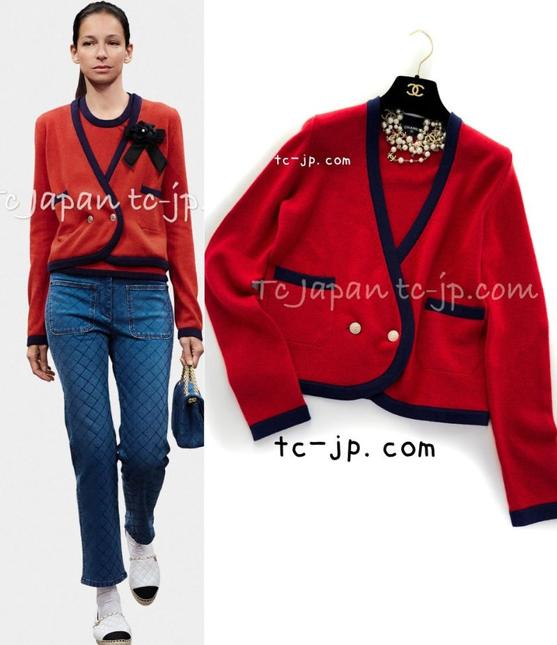 CHANEL 18PS Red Navy CC Logo Buttons Cashmere Knit Cardigan 38 シャネル レッド ネイビー CCロゴボタン カシミヤ100% ニット カーディガン 即発