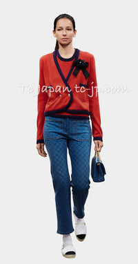 CHANEL 18PS Red Navy CC Logo Buttons Cashmere Knit Cardigan 38 シャネル レッド ネイビー CCロゴボタン カシミヤ100% ニット カーディガン 即発