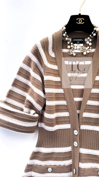 CHANEL 15S Beige Stripe Cashmere Knit Dress Cardigan 38 シャネル ベージュ ストライプ カシミア 100% ニット ワンピース カーディガン 即発