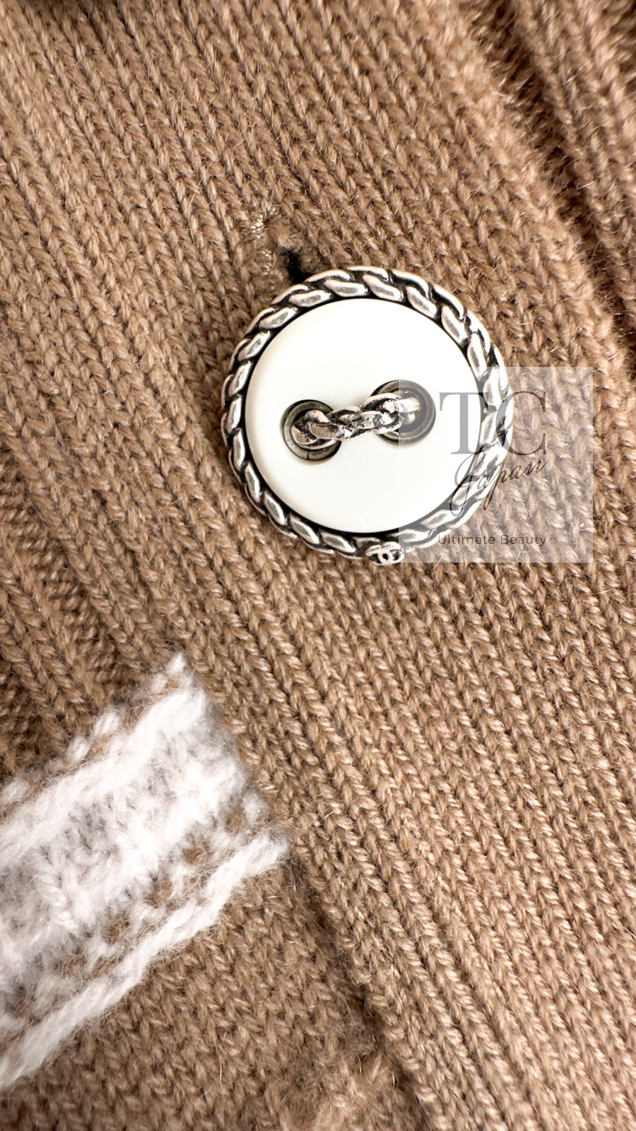 CHANEL 15S Beige Stripe Cashmere Knit Dress Cardigan 44 シャネル ベージュ ストライプ カシミア 100% ニット ワンピース カーディガン 即発