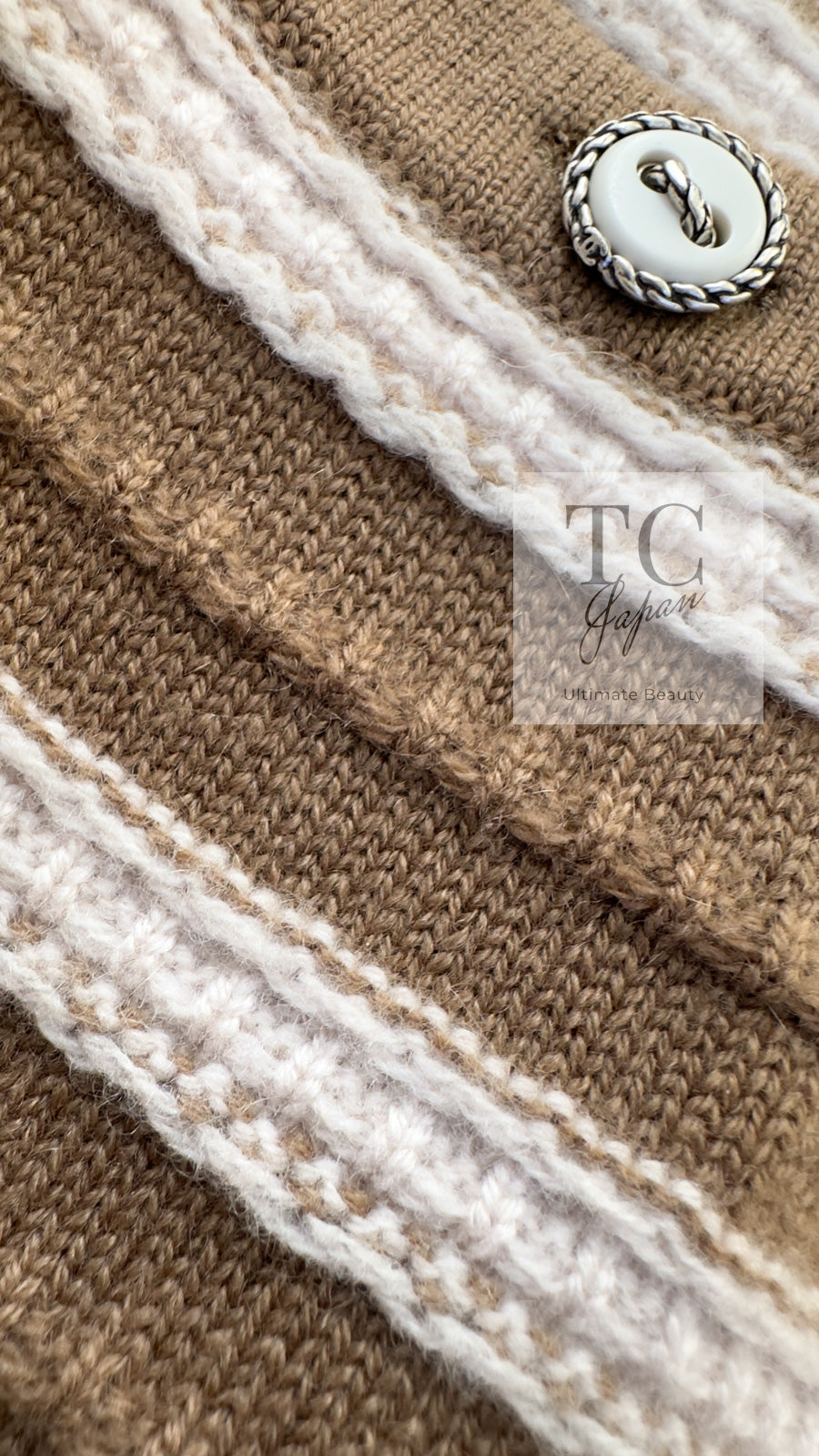 CHANEL 15S Beige Stripe Cashmere Knit Dress Cardigan 44 シャネル ベージュ ストライプ カシミア 100% ニット ワンピース カーディガン 即発