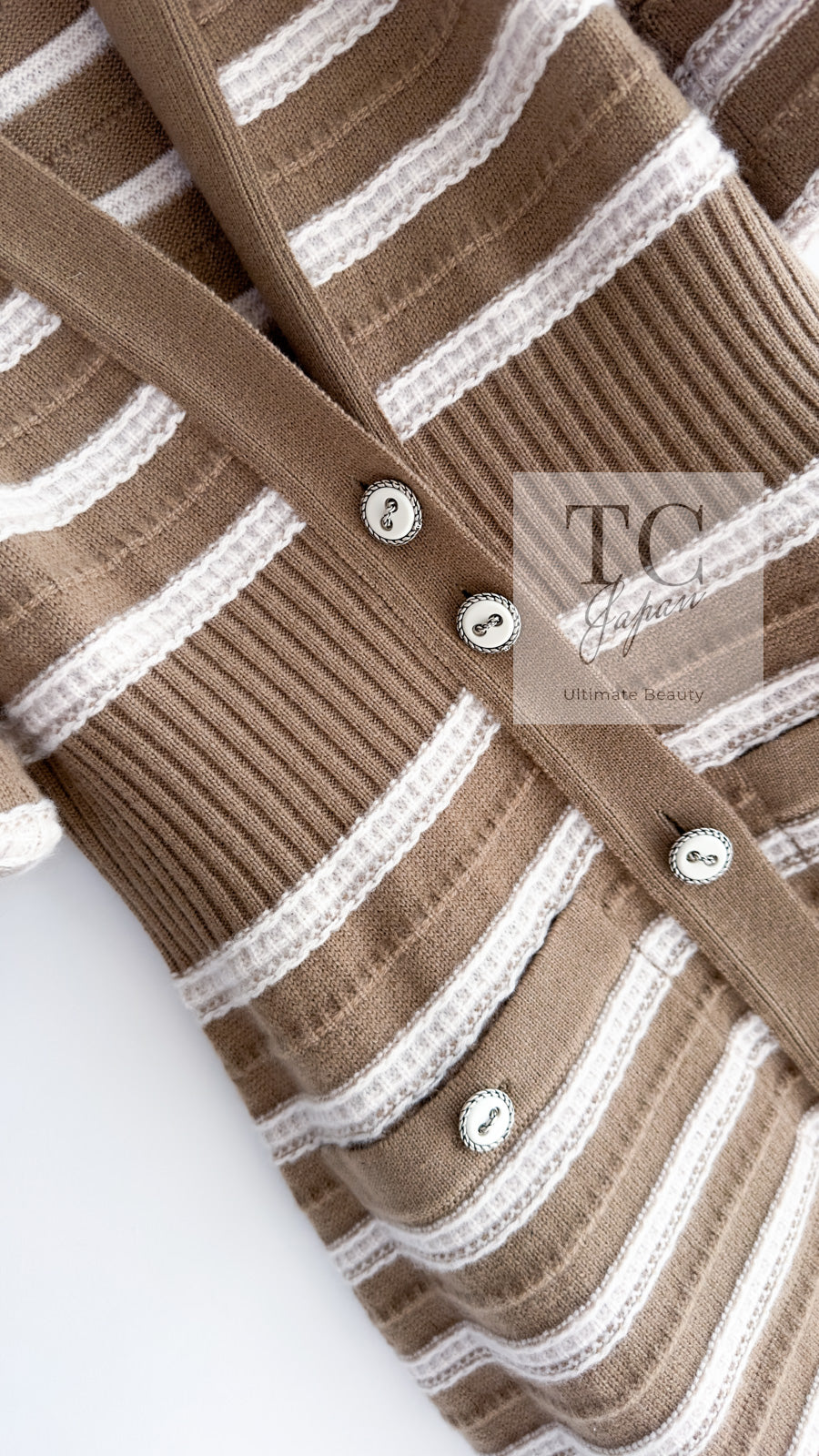 CHANEL 15S Beige Stripe Cashmere Knit Dress Cardigan 44 シャネル ベージュ ストライプ カシミア 100% ニット ワンピース カーディガン 即発