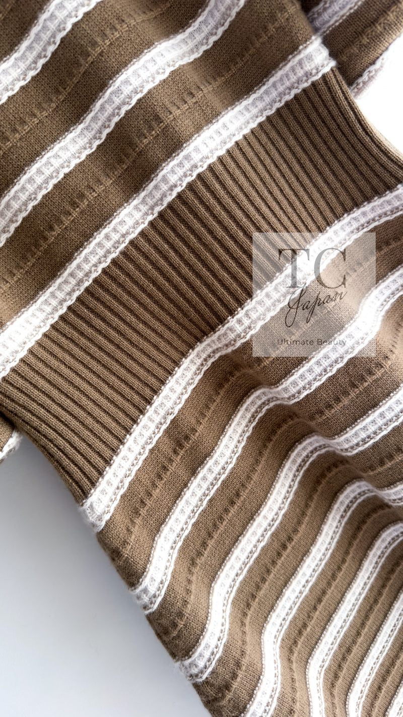CHANEL 15S Beige Stripe Cashmere Knit Dress Cardigan 44 シャネル ベージュ ストライプ カシミア 100% ニット ワンピース カーディガン 即発