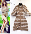 CHANEL 15S Beige Stripe Cashmere Knit Dress Cardigan 44 シャネル ベージュ ストライプ カシミア 100% ニット ワンピース カーディガン 即発