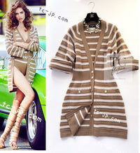 CHANEL 15S Beige Stripe Cashmere Knit Dress Cardigan 44 シャネル ベージュ ストライプ カシミア 100% ニット ワンピース カーディガン 即発