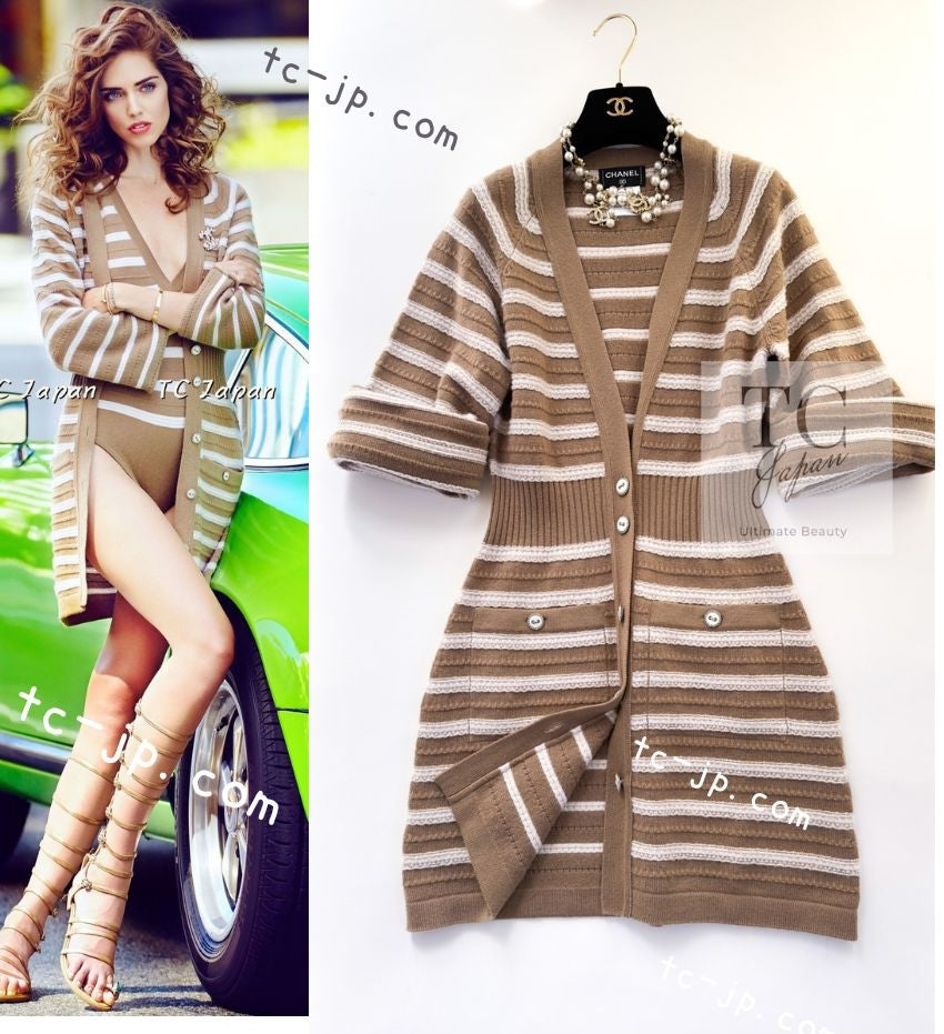 CHANEL 15S Beige Stripe Cashmere Knit Dress Cardigan 44 シャネル ベージュ ストライプ カシミア 100% ニット ワンピース カーディガン 即発