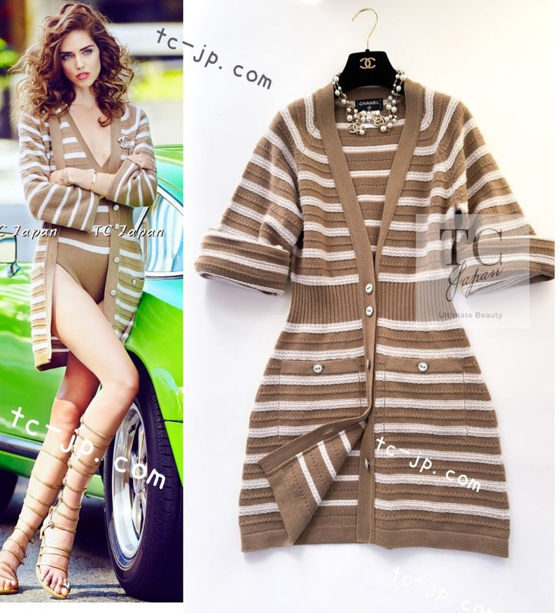 CHANEL 15S Beige Stripe Cashmere Knit Dress Cardigan 44 シャネル ベージュ ストライプ カシミア 100% ニット ワンピース カーディガン 即発