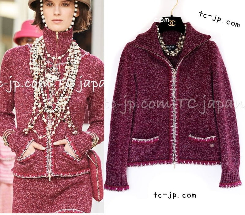 CHANEL 16A Plum Wine Red Cashmere Silk Zipper Knit Cardigan 36 38 シャネル プラム ワイン レッド カシミヤ シルク ジッパー ニット カーディガン 即発