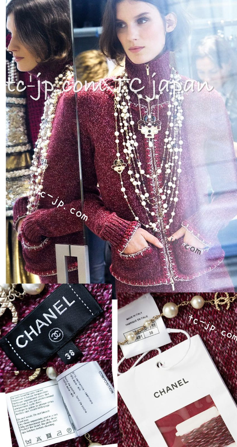 CHANEL 16A Plum Wine Red Cashmere Silk Zipper Knit Cardigan 36 38 シャネル プラム ワイン レッド カシミヤ シルク ジッパー ニット カーディガン 即発