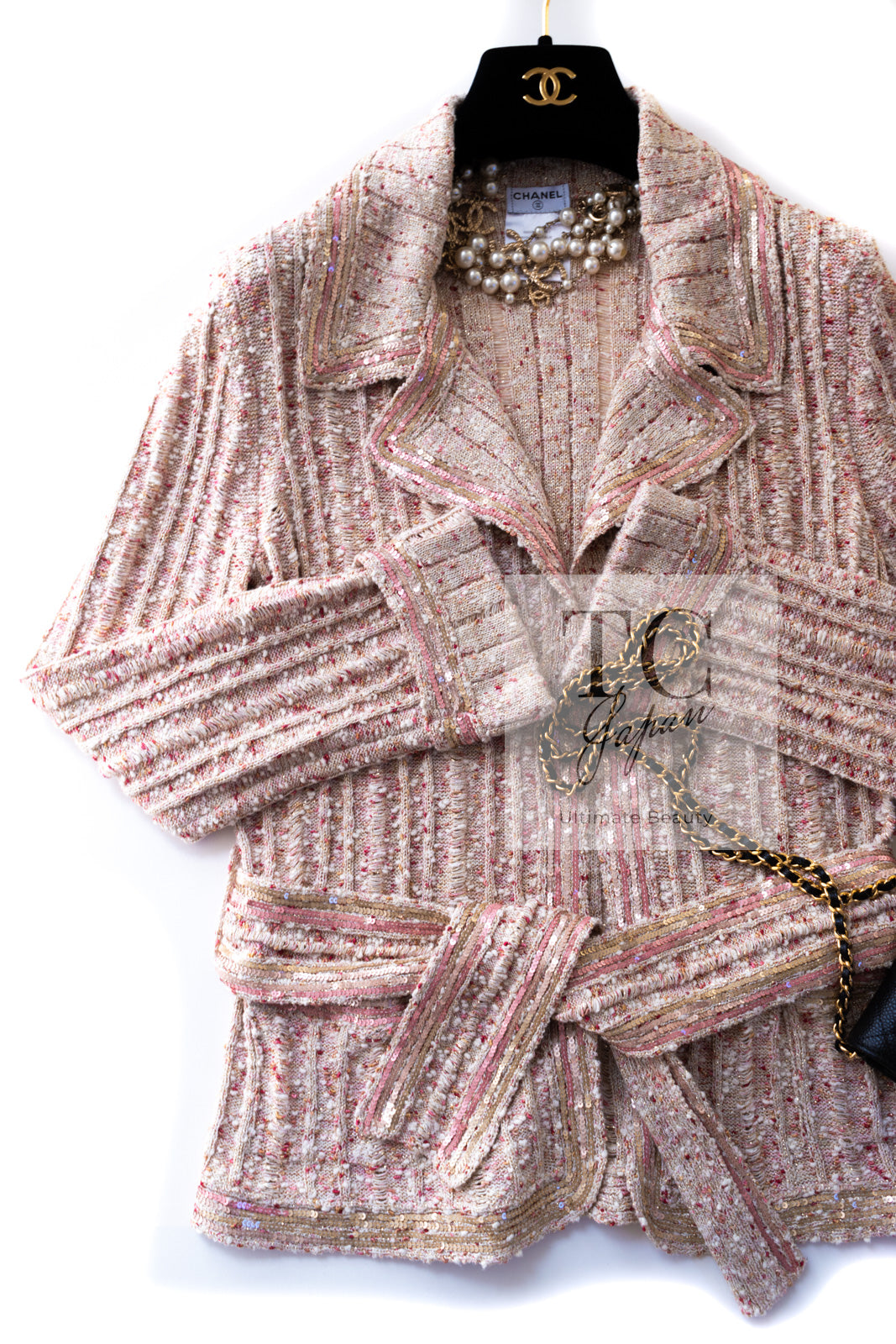 CHANEL 06S Beige Pink Sequin Cotton Silk Knit Belt Cardigan 38 40 シャネル ベージュ ピンク スパンコール コットン シルク ニット ベルト カーディガン 即発