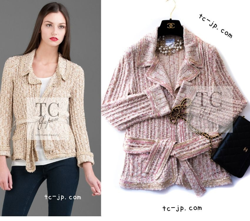 CHANEL 06S Beige Pink Sequin Cotton Silk Knit Belt Cardigan 38 40 シャネル ベージュ ピンク スパンコール コットン シルク ニット ベルト カーディガン 即発