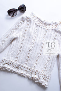 CHANEL 04S White Ivory Crochet Frilled Knit Cardigan 34 シャネル ホワイト アイボリー クロシェ フリル ニット カーディガン 即発