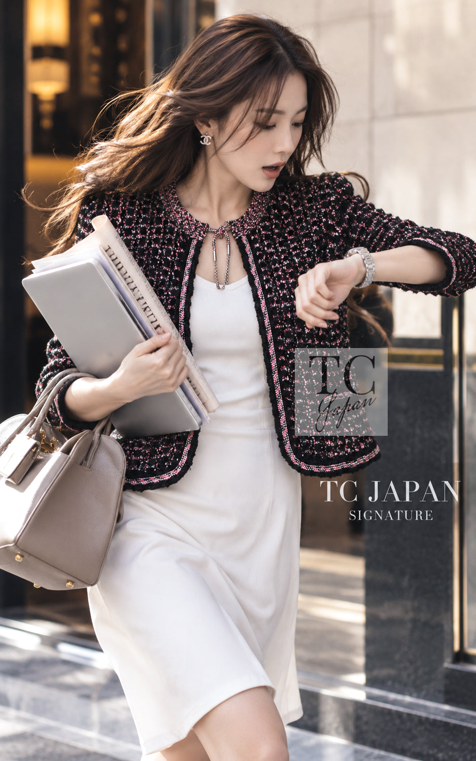 CHANEL 12S Pink Black Chain Cotton Knit Cardigan 40 42 14