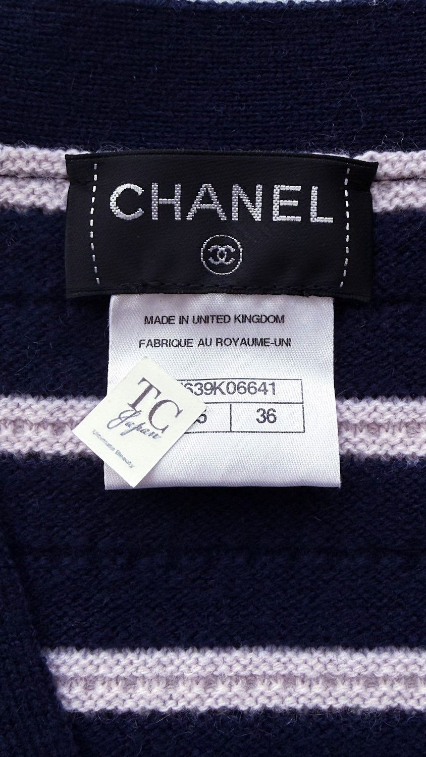 CHANEL 15S Blue Stripe Cashmere Knit Dress Cardigan 36 シャネル ブルー ストライプ カシミア 100% ニット ワンピース カーディガン 即発