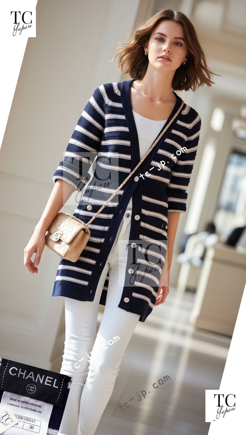 CHANEL 15S Blue Stripe Cashmere Knit Dress Cardigan 36 シャネル ブルー ストライプ カシミア 100% ニット ワンピース カーディガン 即発