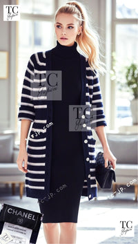 CHANEL 15S Blue Stripe Cashmere Knit Dress Cardigan 36 シャネル ブルー ストライプ カシミア 100% ニット ワンピース カーディガン 即発