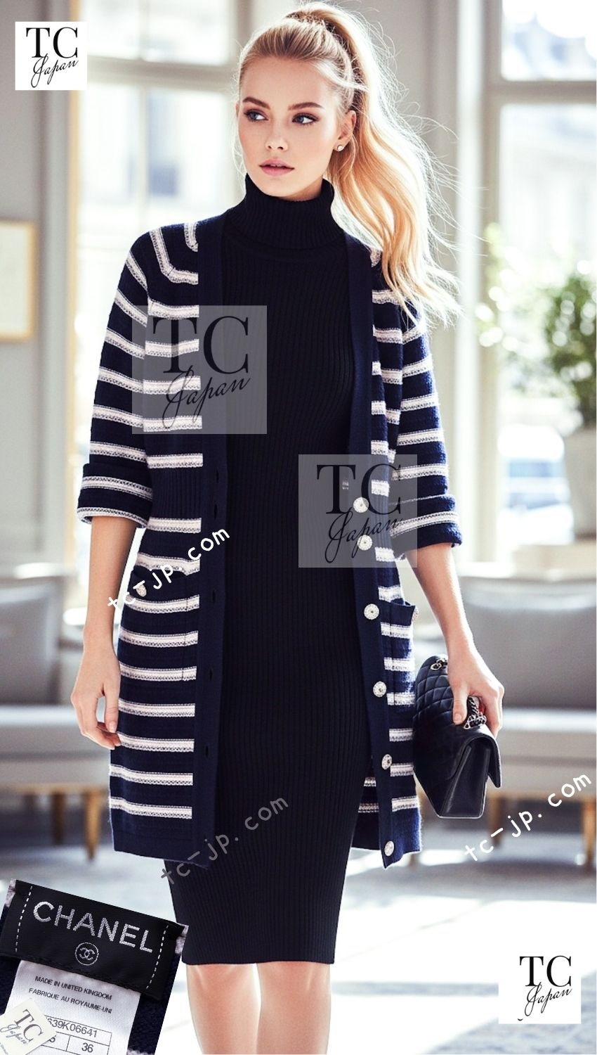CHANEL 15S Blue Stripe Cashmere Knit Dress Cardigan 36 シャネル ブルー ストライプ カシミア 100% ニット ワンピース カーディガン 即発