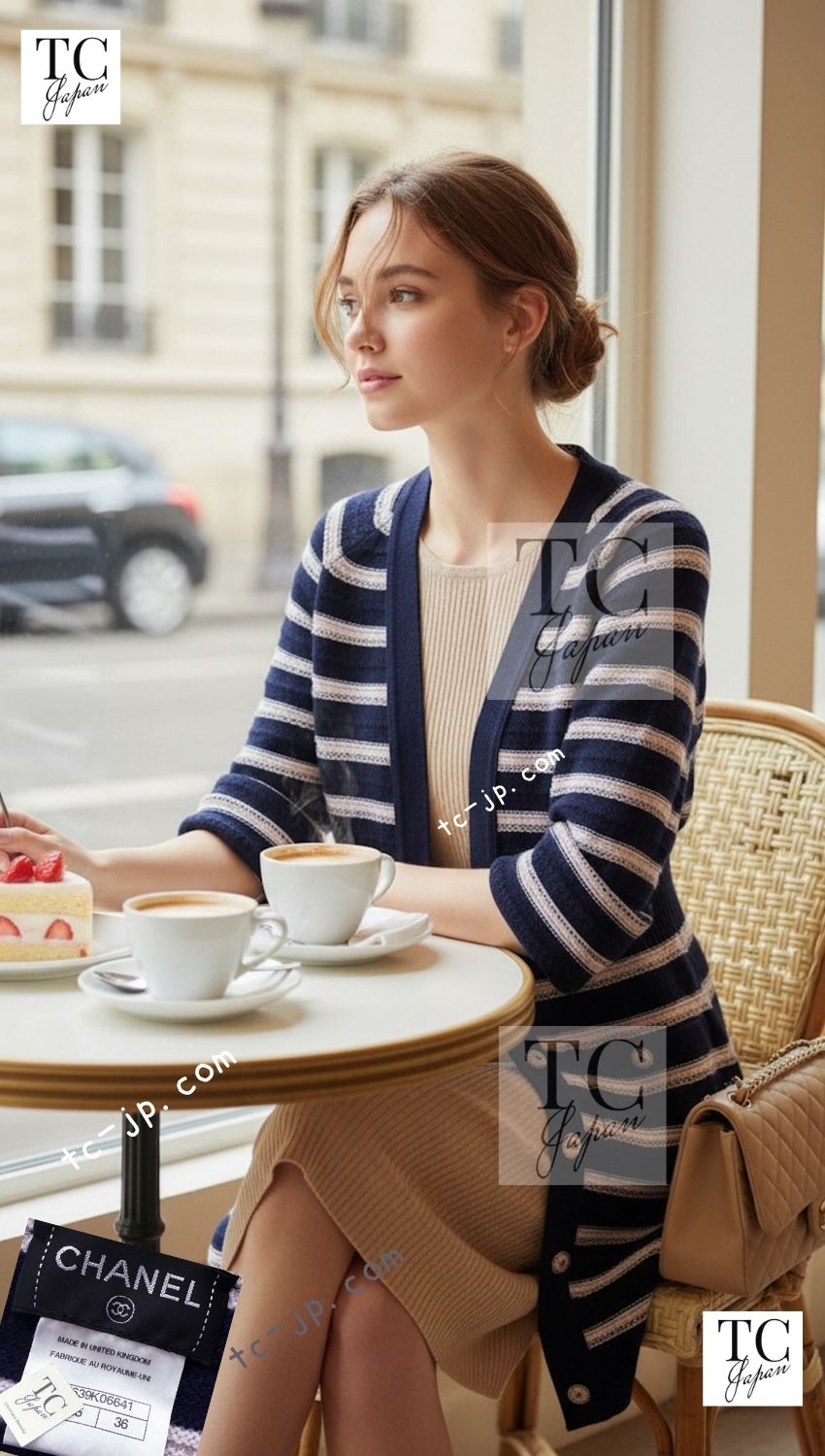 CHANEL 15S Blue Stripe Cashmere Knit Dress Cardigan 36 シャネル ブルー ストライプ カシミア 100% ニット ワンピース カーディガン 即発