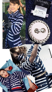 CHANEL 15S Blue Stripe Cashmere Knit Dress Cardigan 36 シャネル ブルー ストライプ カシミア 100% ニット ワンピース カーディガン 即発