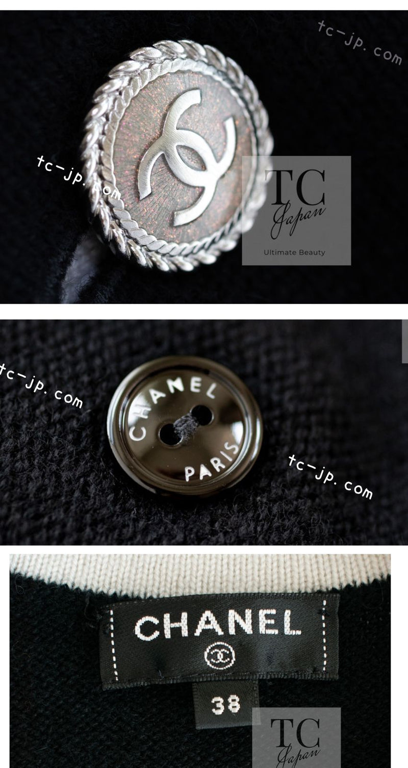 CHANEL 18PS Black Light Gray CC Logo Buttons Cashmere Knit Cardigan 38 シャネル ブラック ライトグレー CCロゴボタン カシミヤ100% ニット カーディガン 即発