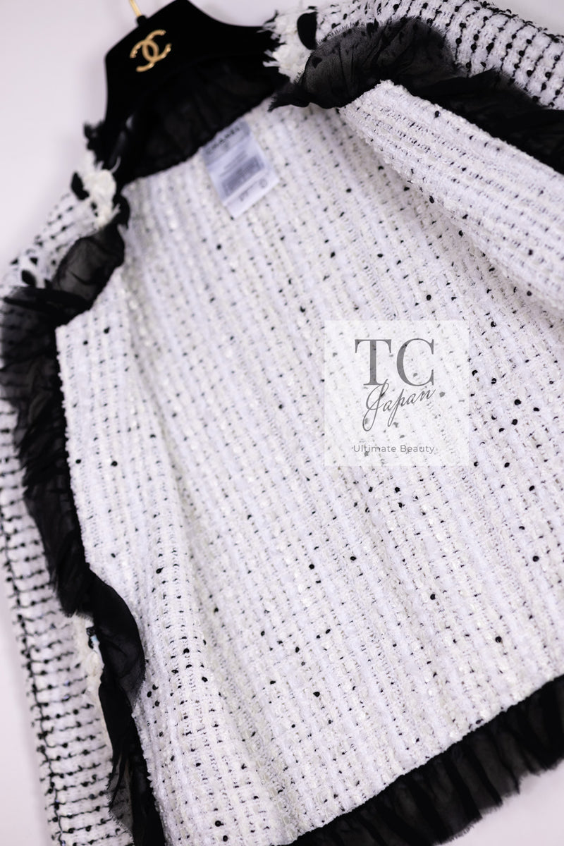 CHANEL 05S White Black Lesage Cotton Cardigan Jacket 34 シャネル ホワイト ブラック ルサージュ コットン カーディガン ジャケット 即発
