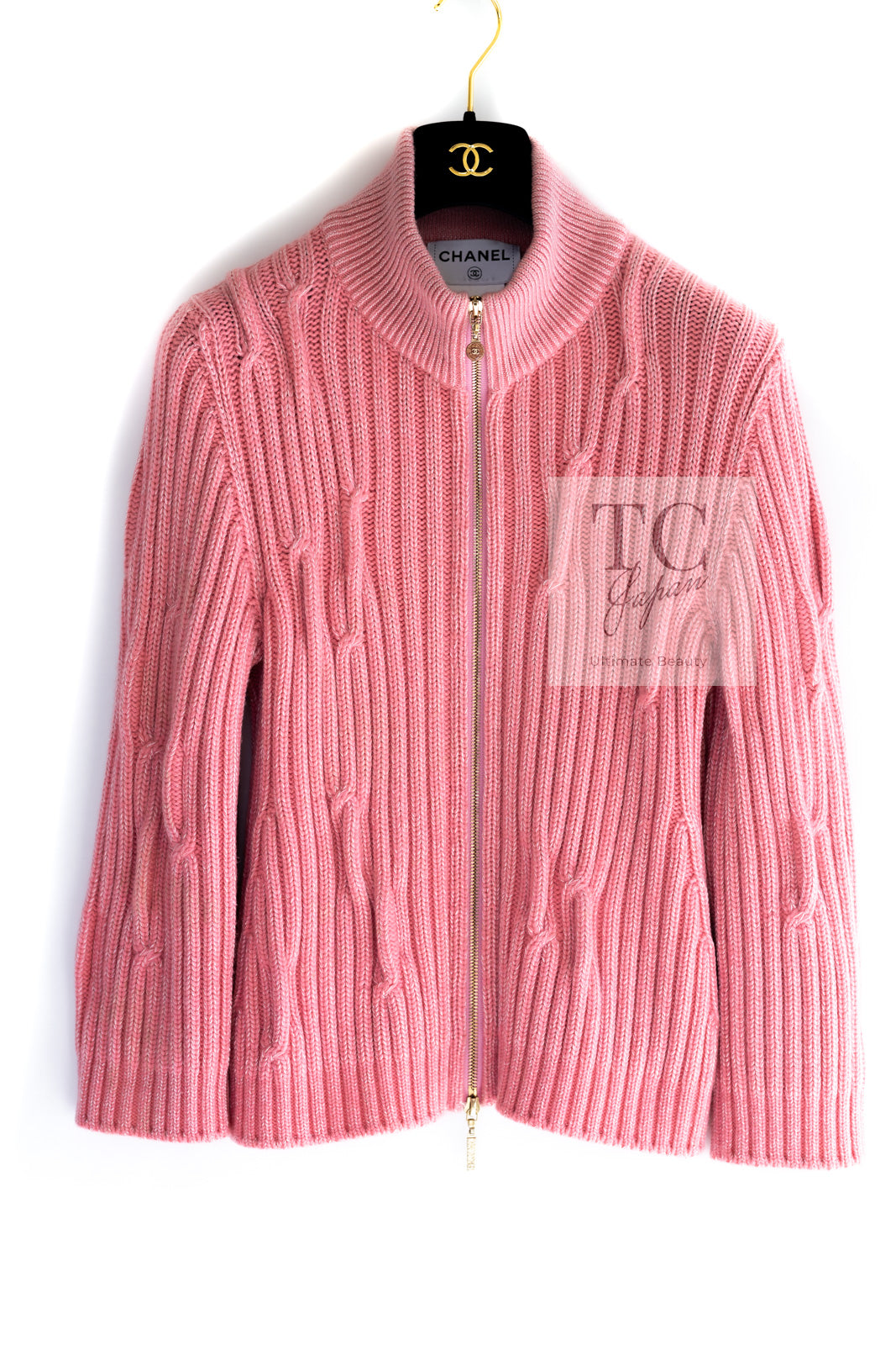 CHANEL 14B Pink Cashmere Zipper Knit Jacket Cardigan 38 シャネル ピンク カシミヤ ジッパー  ニット ジャケット カーディガン 即発