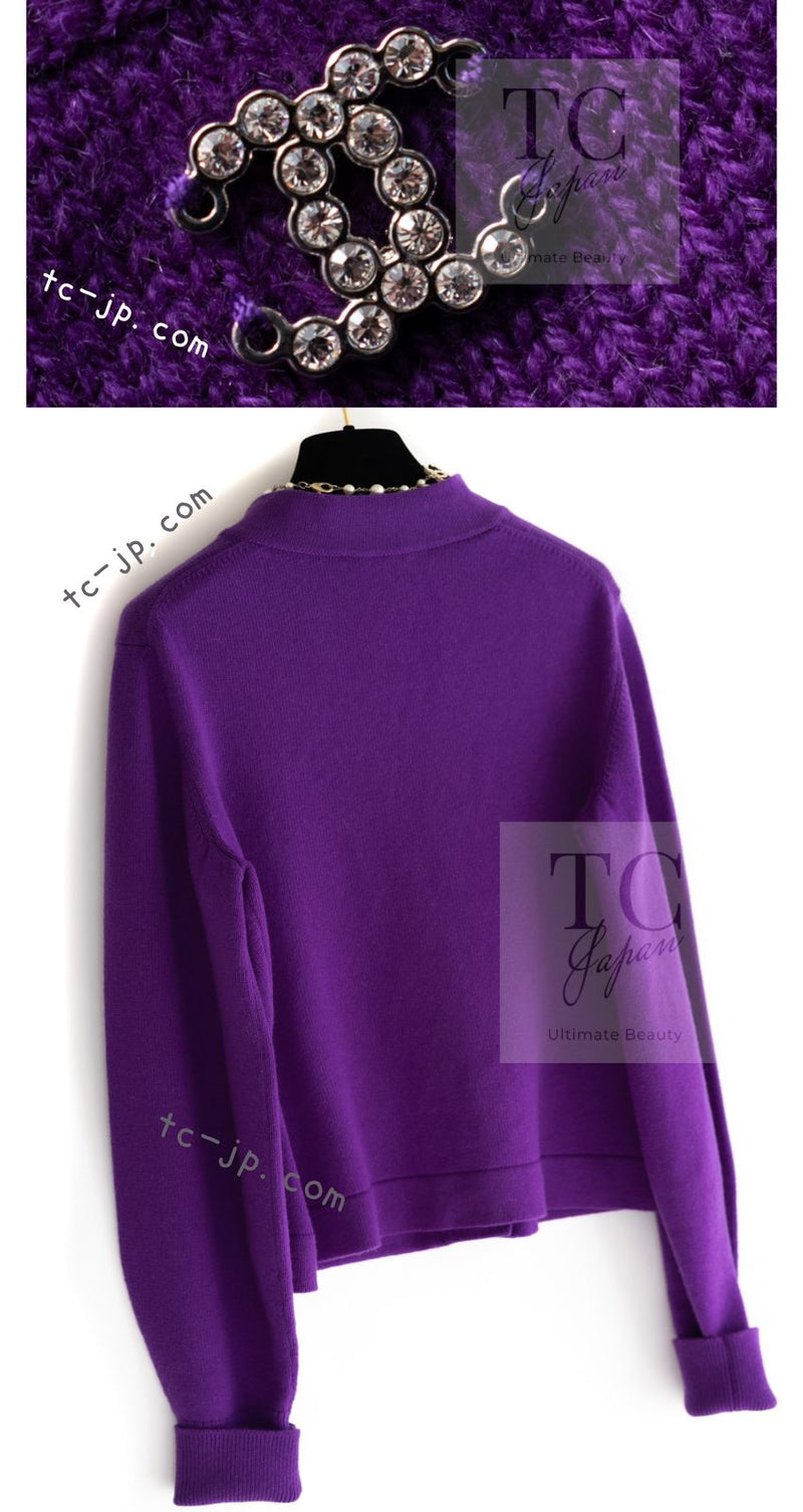 CHANEL 22PF Purple Cashmere Knit Cardigan 38 40 シャネル パープル カシミヤ ビジュー ボタン ニット カーディガン 即発