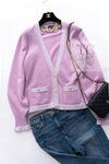 CHANEL 23S Puple Pink CC Logo Buttons Cashmere Knit Cardigan 38 シャネル パープル ピンク ココ マーク ボタン カシミヤ 100% ニット カーディガン 即発