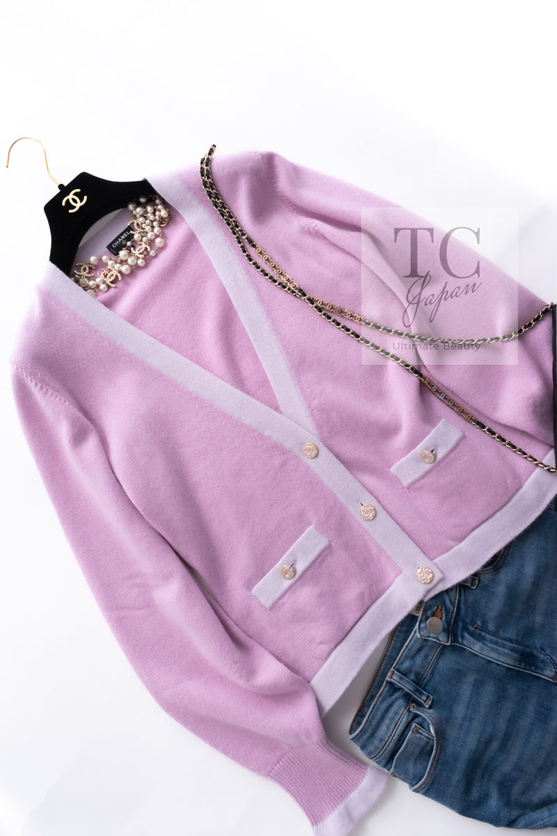 CHANEL 23S Puple Pink CC Logo Buttons Cashmere Knit Cardigan 38 シャネル パープル ピンク ココ マーク ボタン カシミヤ 100% ニット カーディガン 即発