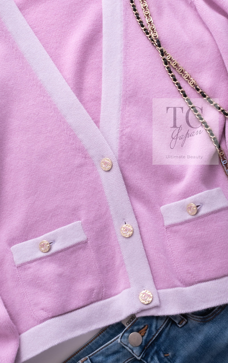 CHANEL 23S Puple Pink CC Logo Buttons Cashmere Knit Cardigan 38 シャネル パープル ピンク ココ マーク ボタン カシミヤ 100% ニット カーディガン 即発