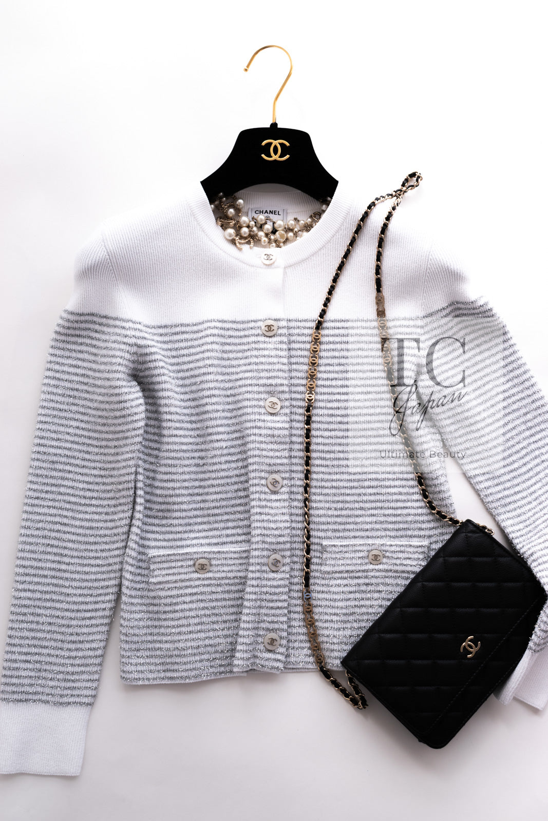 CHANEL white silver knit CC logo button women's cardigan 1