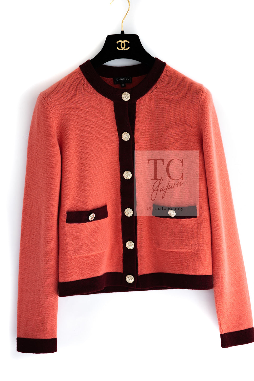 CHANEL 20PF Plum Burgundy Bicolor CC Logo Button Cashmere Knit Cardigan 38 | HK
