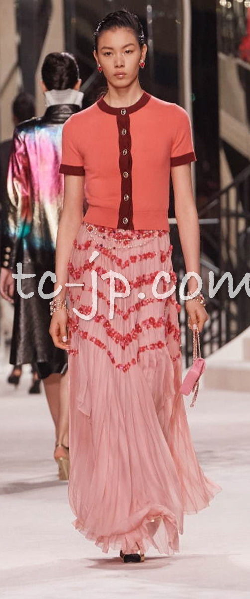 シャネル カーディガン CHANEL アプリコット プラム バイカラー ココ