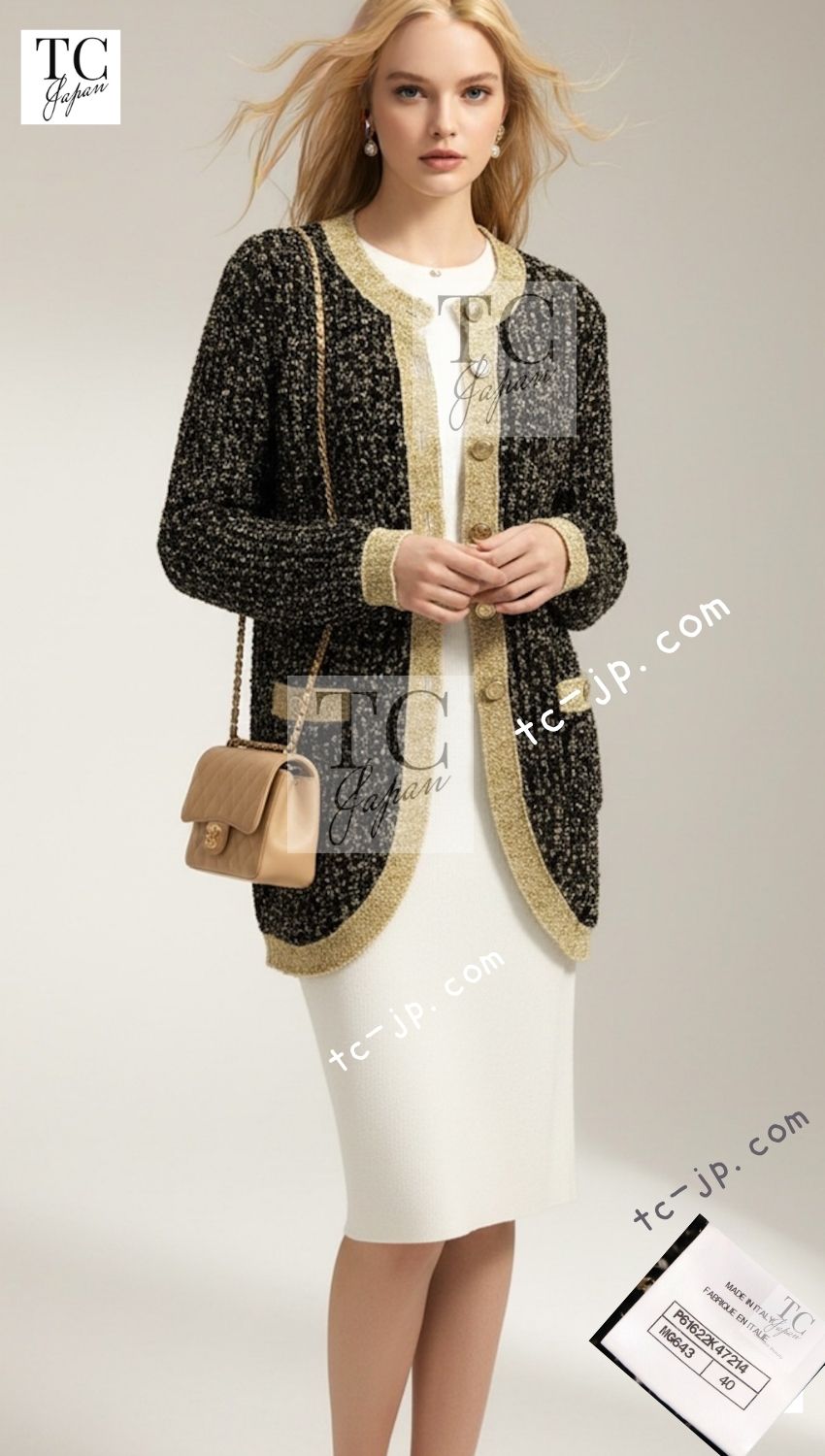 CHANEL 19PF Black Gold Wool Long Knit Cardigan 40 42 シャネル ブラック ゴールド ウール ロング ニット カーディガン 即発