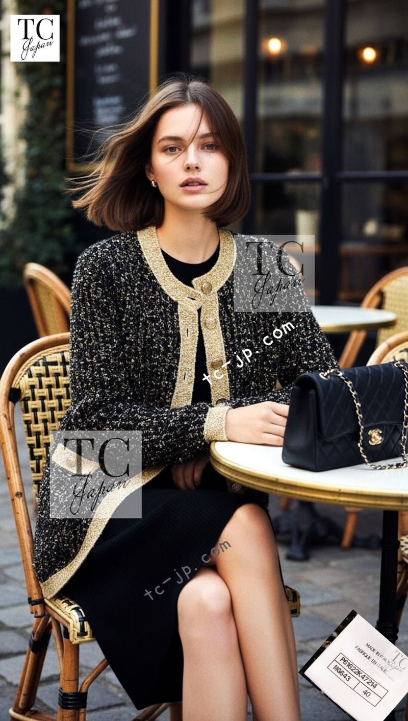 CHANEL 19PF Black Gold Wool Long Knit Cardigan 40 42 シャネル ブラック ゴールド ウール ロング ニット カーディガン 即発